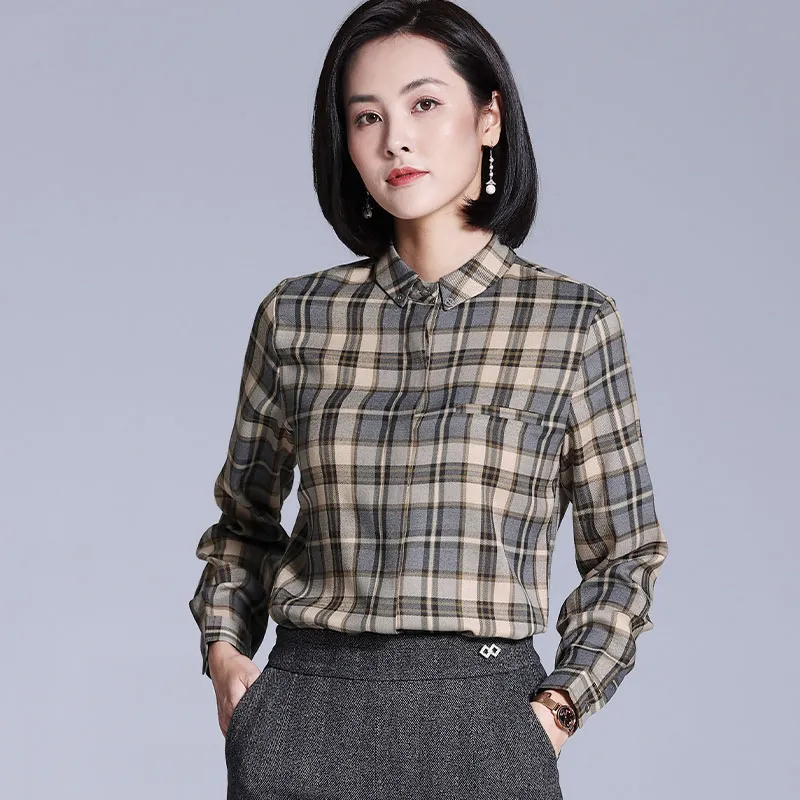 Lucybaily Shirt Women's Gray Coffee Plaid-5