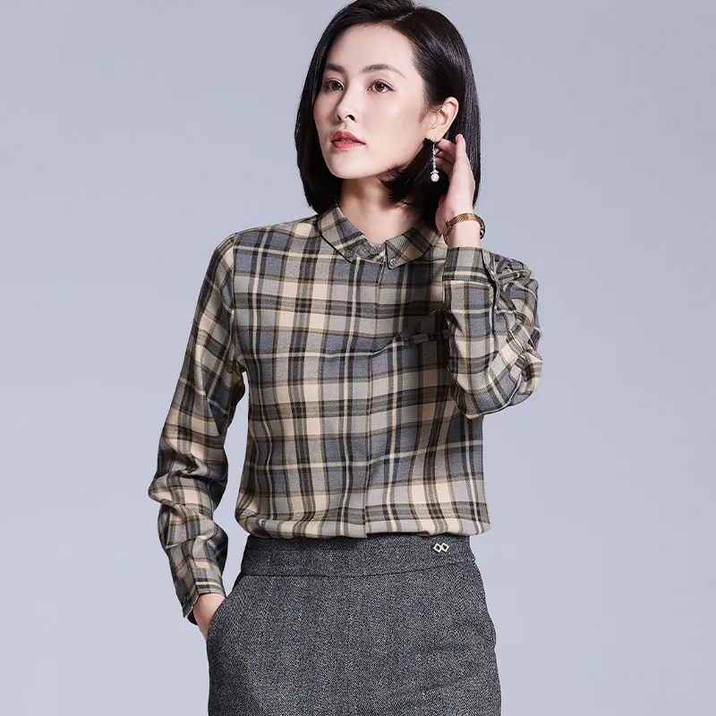 Lucybaily Shirt Women's Gray Coffee Plaid-4