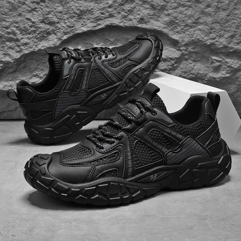Binary Height Increasing Abrasion Resistant Lightweight Breathable Slip Resistant Low Top Hiking Shoes Men's Black-4