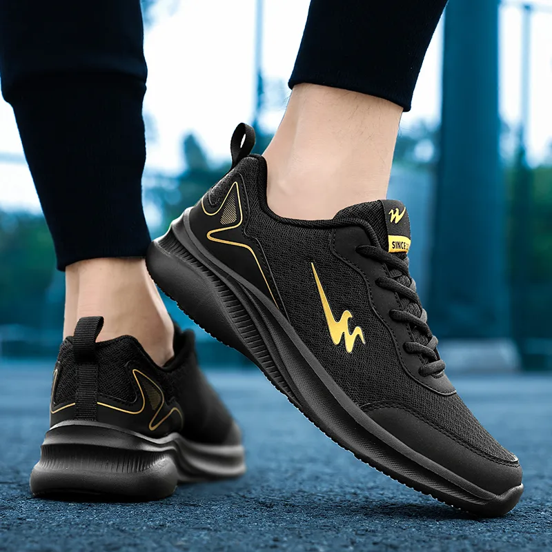 Binary Cushioning Rebound Lightweight Breathable Slip Resistant Low Top Running Shoes Men's Black Gold-5