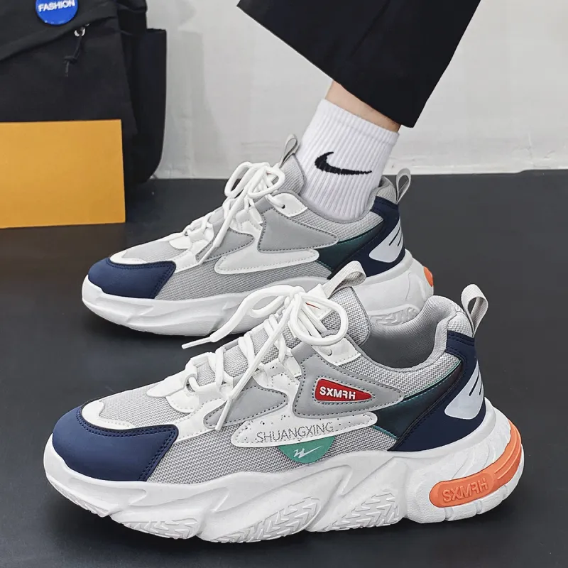 Binary Cushioning Abrasion Resistant Breathable Slip Resistant Low Top Chunky Sneakers Men's Gray Blue-6