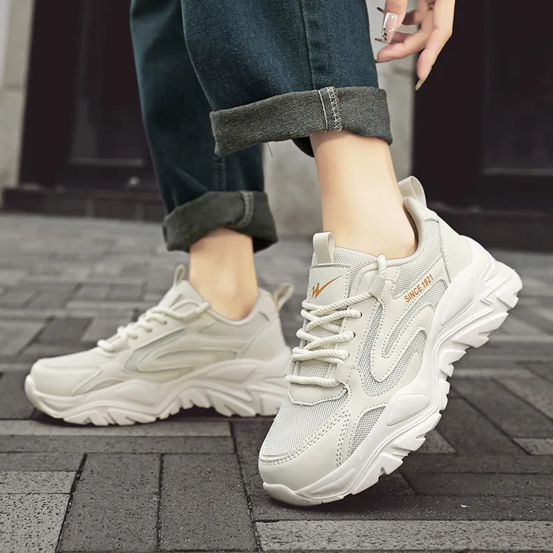 Binary Shock Absorbers Slip Resistant Breathable Low Top Chunky Sneakers Women's Beige Orange-3