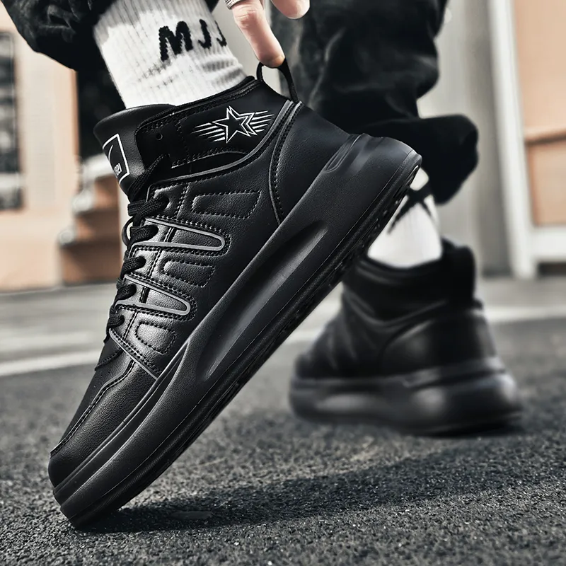 Binary Cushioning Height Increasing Lightweight Slip Resistant High Top Skateboard Shoes Men's Black Warrior-4