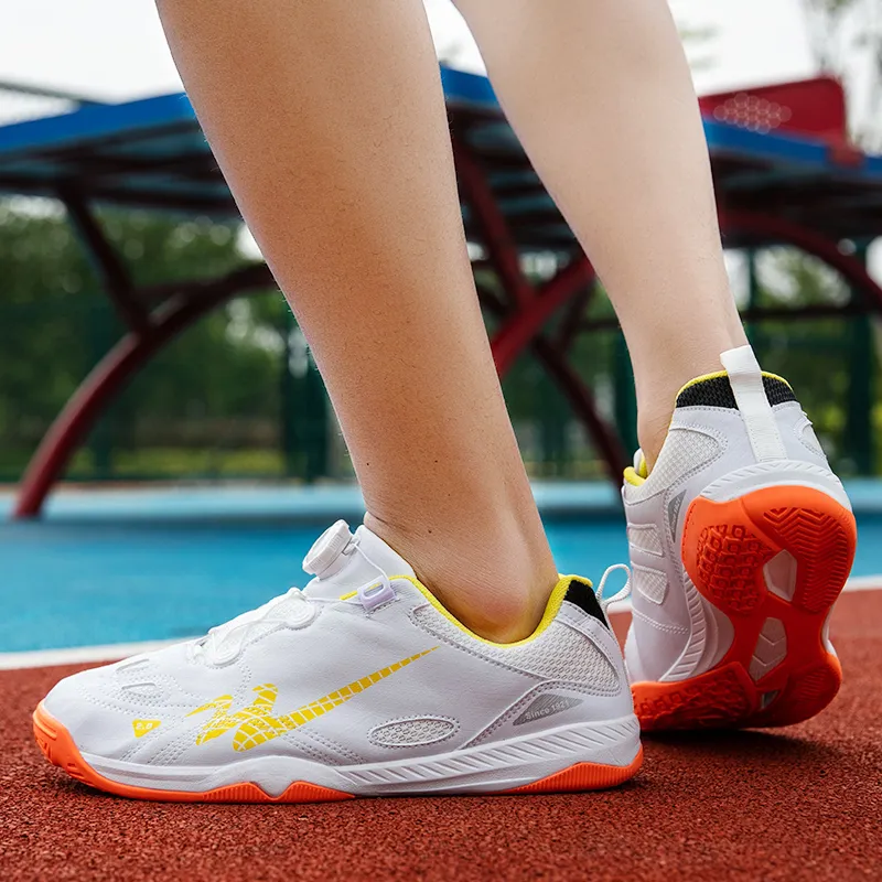 Binary Cushioning Abrasion Resistant Lightweight Slip Resistant Low Top Badminton Shoes Unisex White Yellow-7