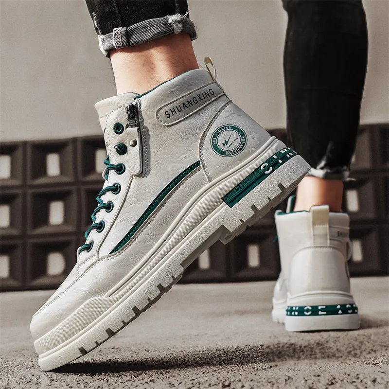 Binary Slip Resistant Shock Absorbers With Abrasion Resistant Properties Mid Top Skateboard Shoes Men's Beige Green-5