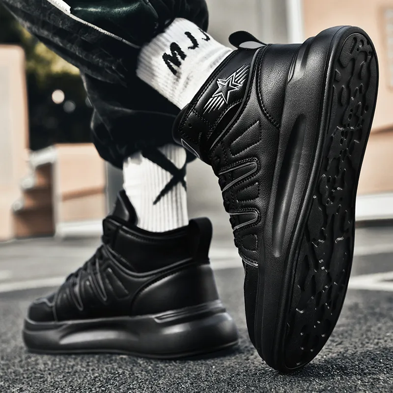 Binary Cushioning Height Increasing Lightweight Slip Resistant High Top Skateboard Shoes Men's Black Warrior-2