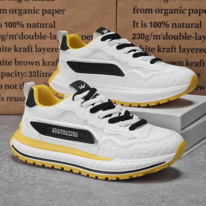 Binary Abrasion Resistant Breathable Height Increasing Low Top Chunky Sneakers Men's White Yellow-4