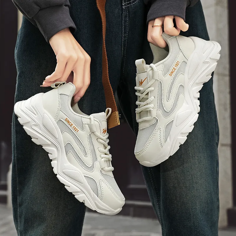 Binary Shock Absorbers Slip Resistant Breathable Low Top Chunky Sneakers Women's Beige Orange-4