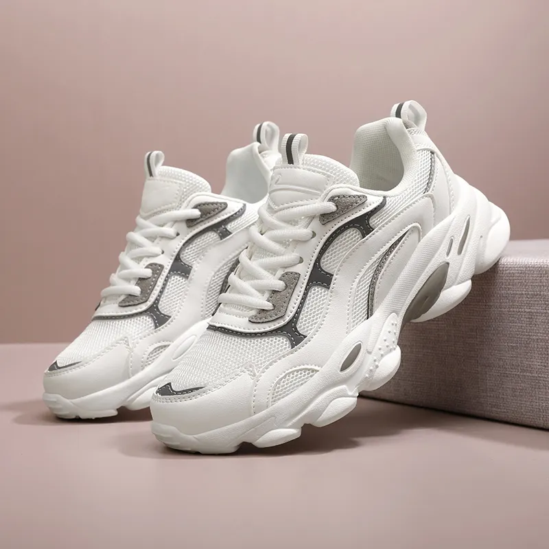 Binary Breathable Height Increase Low Top Chunky Sneakers Women's White Gray-4