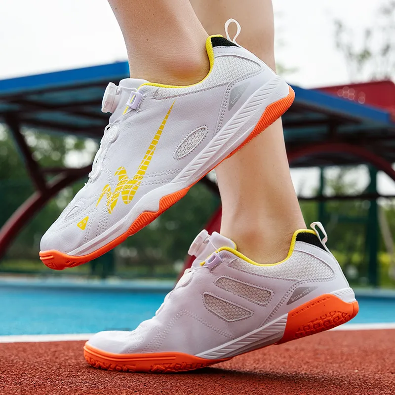 Binary Cushioning Abrasion Resistant Lightweight Slip Resistant Low Top Badminton Shoes Unisex White Yellow-6