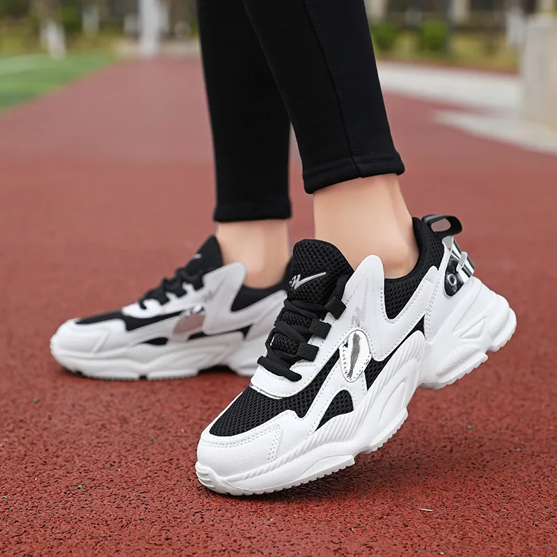 Binary Cushioning Slip Resistant Height Increasing Low Top Chunky Sneakers Women's Black White-5