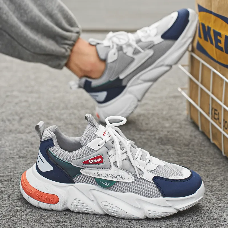 Binary Cushioning Abrasion Resistant Breathable Slip Resistant Low Top Chunky Sneakers Men's Gray Blue-10