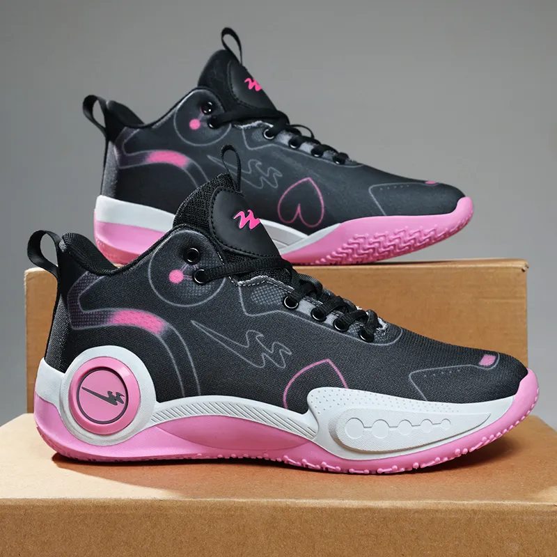 Binary Cushioning Abrasion Resistant Breathable Slip Resistant Mid Top Basketball Shoes Unisex Black Pink-4