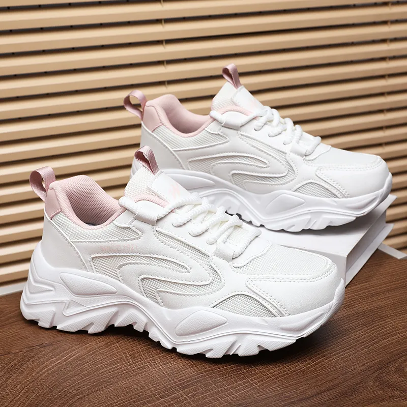 Binary Shock Absorbers Slip Resistant Breathable Low Top Chunky Sneakers Women's White Pink-4