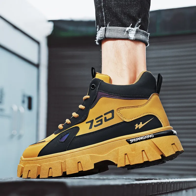 Binary Shock Absorbers With Slip Resistant And Abrasion Resistant Properties High Top Casual Shoes Men's Black Yellow-5