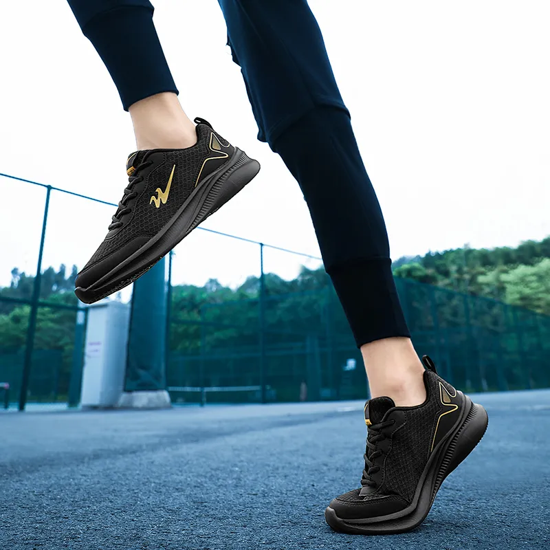 Binary Cushioning Rebound Lightweight Breathable Slip Resistant Low Top Running Shoes Men's Black Gold-6