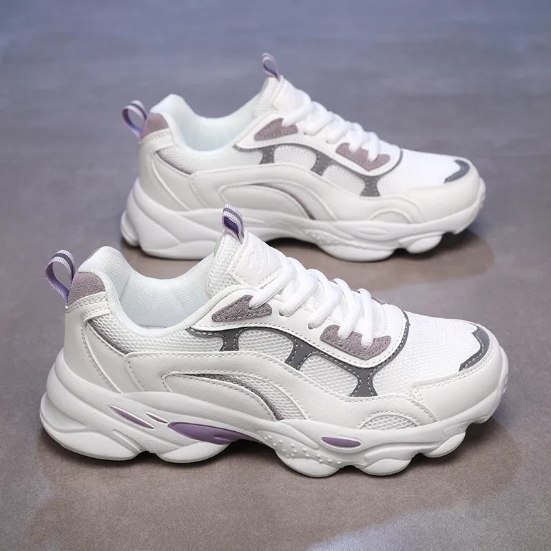 Binary Height Increasing Breathable Low Top Chunky Sneakers Women's White Purple-3