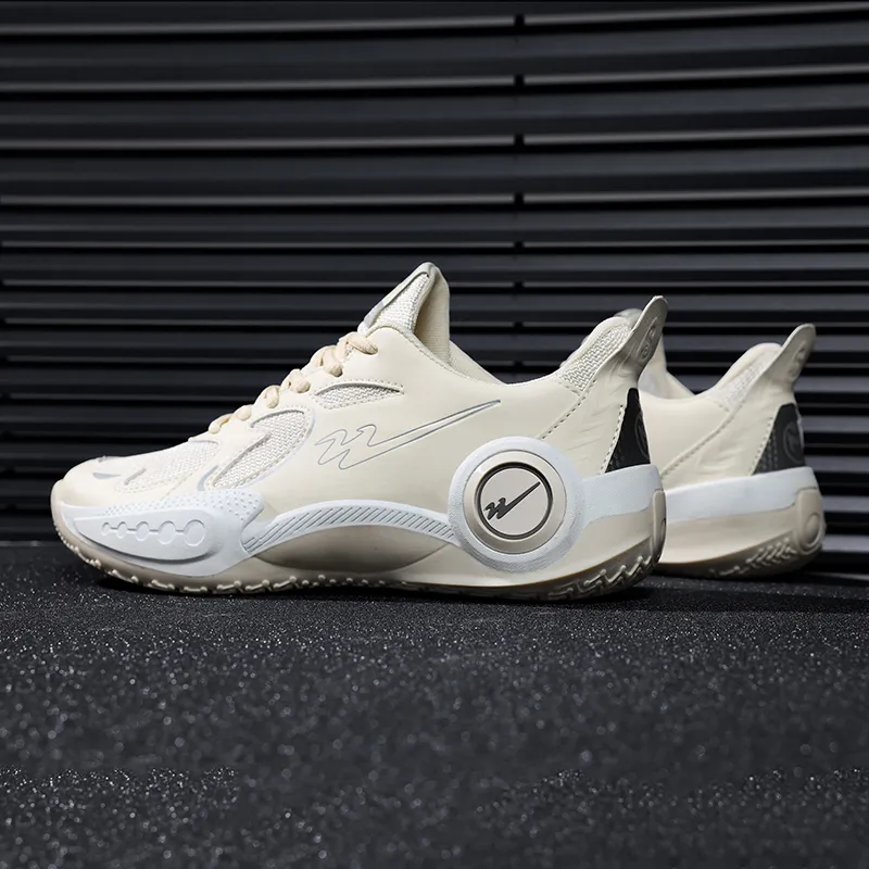 Binary Cushioning Abrasion Resistant Breathable Slip Resistant Low Top Basketball Shoes Unisex Beige-3