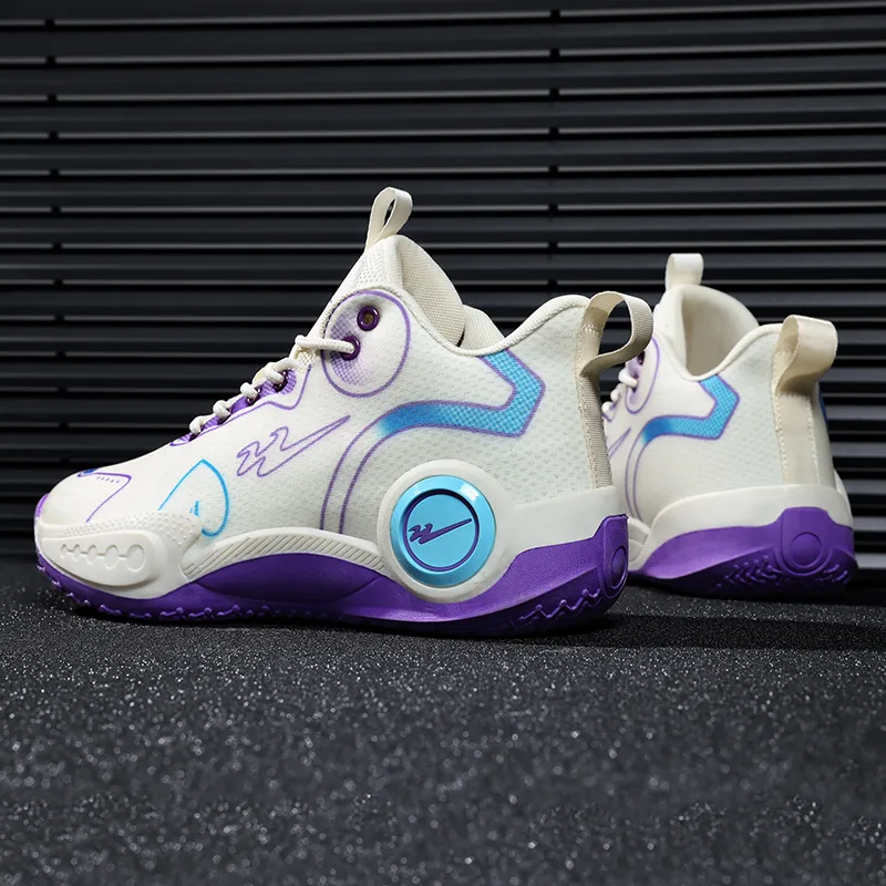 Binary Cushioning Abrasion Resistant Breathable Slip Resistant Mid Top Basketball Shoes Unisex Beige Purple-3