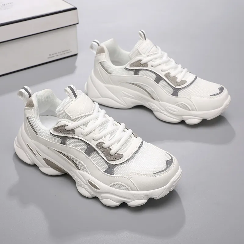 Binary Breathable Height Increase Low Top Chunky Sneakers Women's White Gray-3