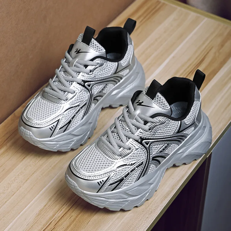 Binary Height Increasing Abrasion Resistant Breathable Low Top Chunky Sneakers Women's Silver-3