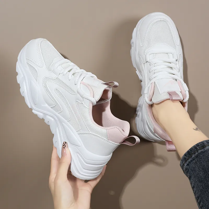 Binary Shock Absorbers Slip Resistant Breathable Low Top Chunky Sneakers Women's White Pink-5
