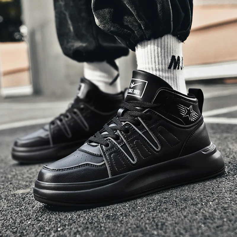Binary Cushioning Height Increasing Lightweight Slip Resistant High Top Skateboard Shoes Men's Black Warrior-3