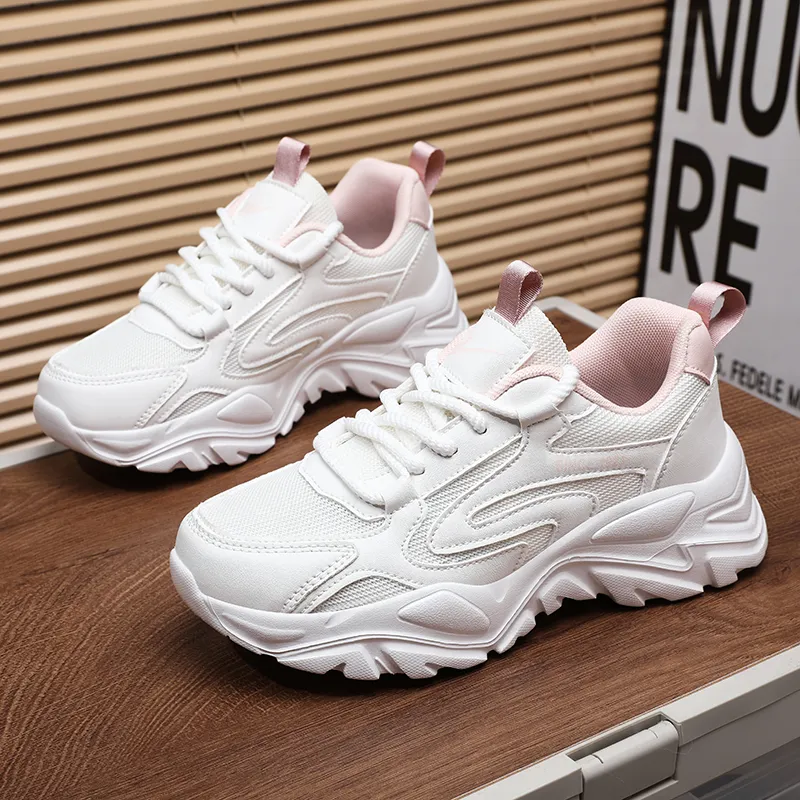 Binary Shock Absorbers Slip Resistant Breathable Low Top Chunky Sneakers Women's White Pink-3
