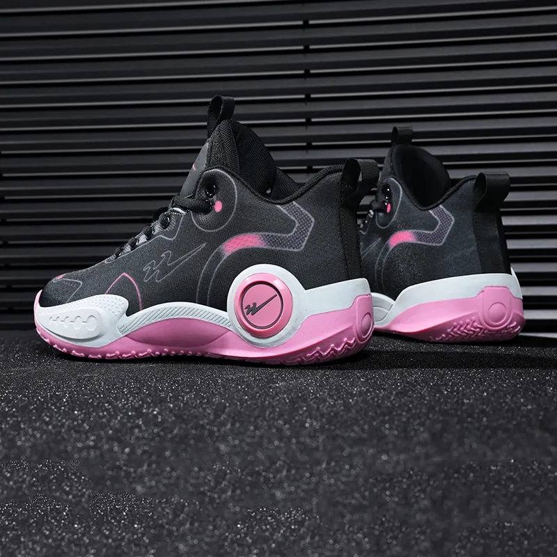 Binary Cushioning Abrasion Resistant Breathable Slip Resistant Mid Top Basketball Shoes Unisex Black Pink-3