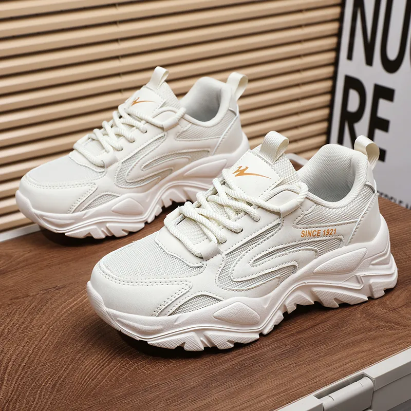Binary Shock Absorbers Slip Resistant Breathable Low Top Chunky Sneakers Women's Beige Orange-5