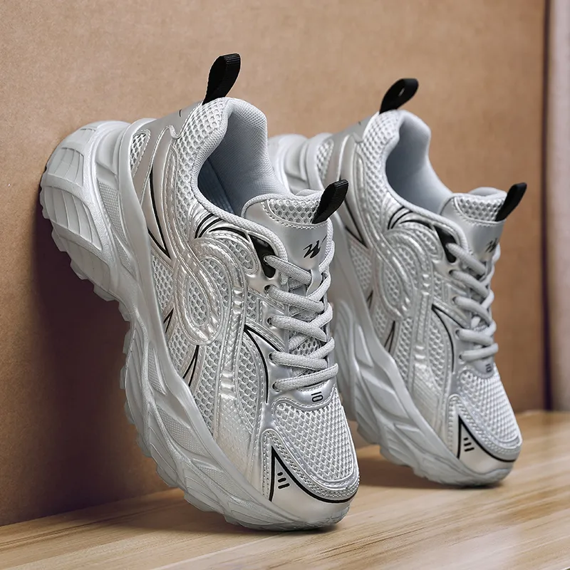 Binary Abrasion Resistant Breathable Height Increasing Low Top Chunky Sneakers Women's Silver-4