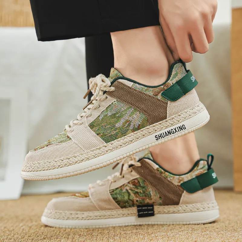 Binary Cushioning Abrasion Resistant Lightweight Breathable Slip Resistant Low Top Canvas Shoes Men's Beige Green-7