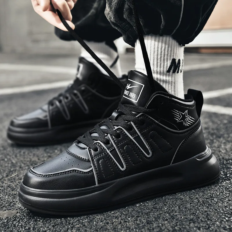 Binary Cushioning Height Increasing Lightweight Slip Resistant High Top Skateboard Shoes Men's Black Warrior-5