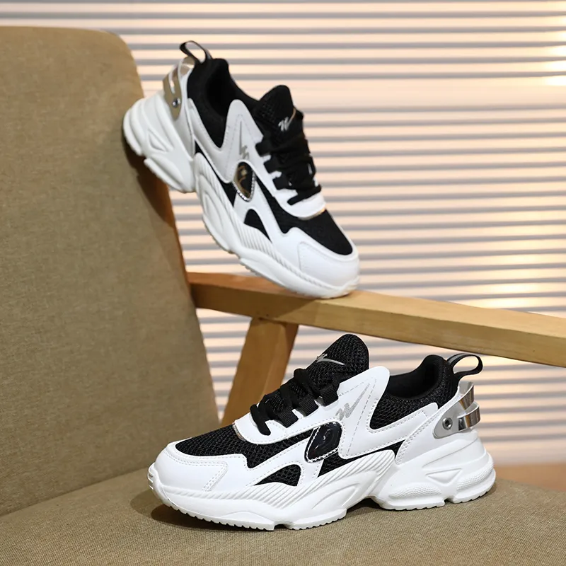 Binary Cushioning Slip Resistant Height Increasing Low Top Chunky Sneakers Women's Black White-4