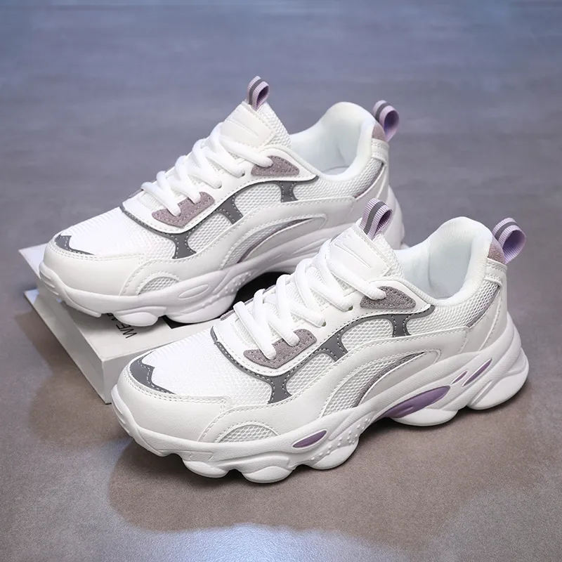Binary Height Increasing Breathable Low Top Chunky Sneakers Women's White Purple-4