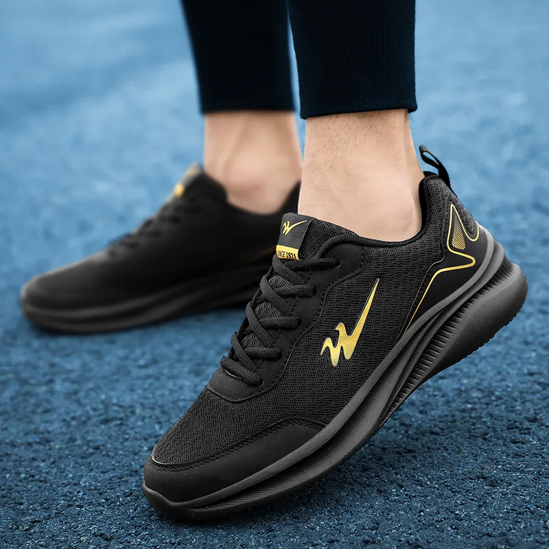Binary Cushioning Rebound Lightweight Breathable Slip Resistant Low Top Running Shoes Men's Black Gold-4