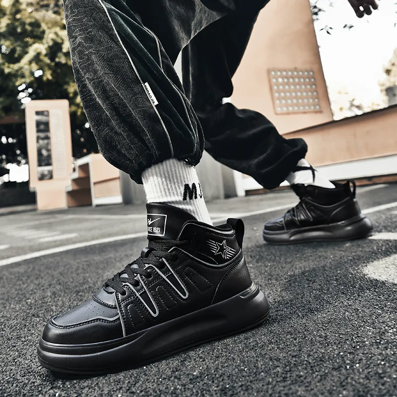 Binary Cushioning Height Increasing Lightweight Slip Resistant High Top Skateboard Shoes Men's Black Warrior-6