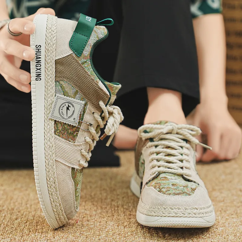 Binary Cushioning Abrasion Resistant Lightweight Breathable Slip Resistant Low Top Canvas Shoes Men's Beige Green-8