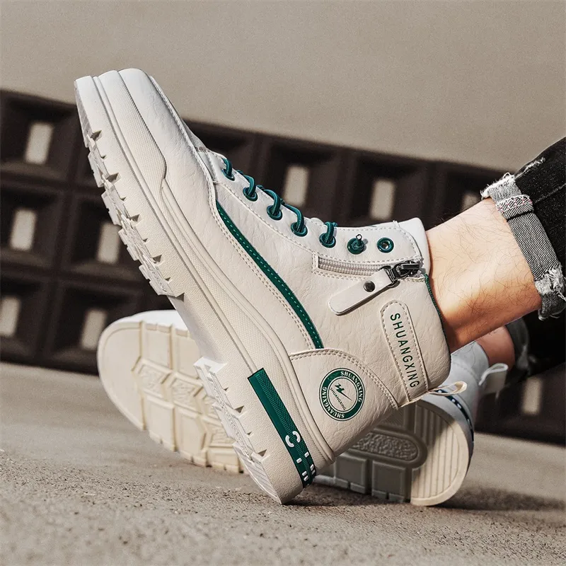 Binary Slip Resistant Shock Absorbers With Abrasion Resistant Properties Mid Top Skateboard Shoes Men's Beige Green-6
