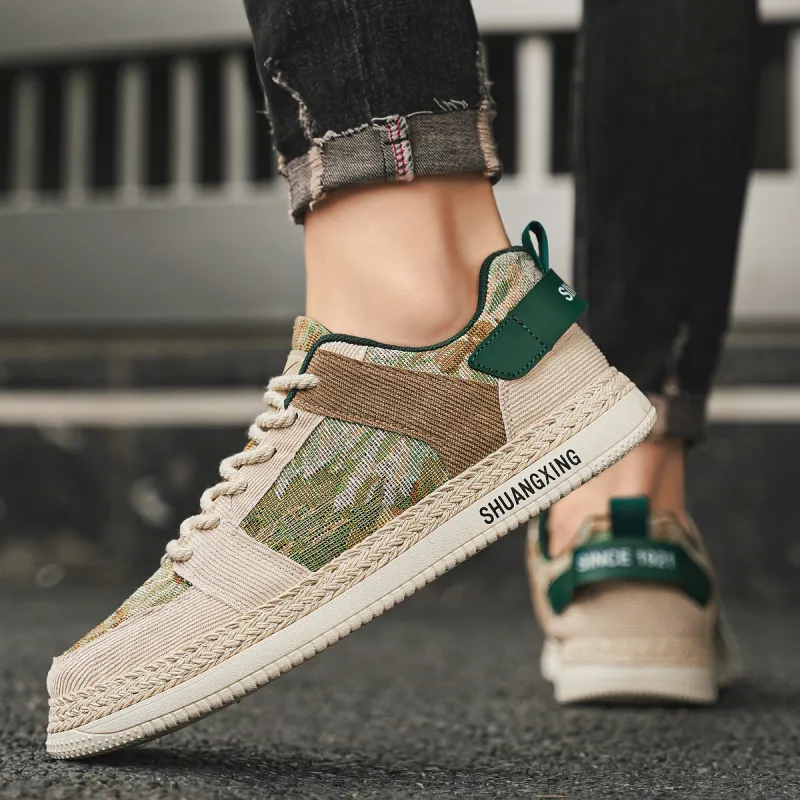 Binary Cushioning Abrasion Resistant Lightweight Breathable Slip Resistant Low Top Canvas Shoes Men's Beige Green-10