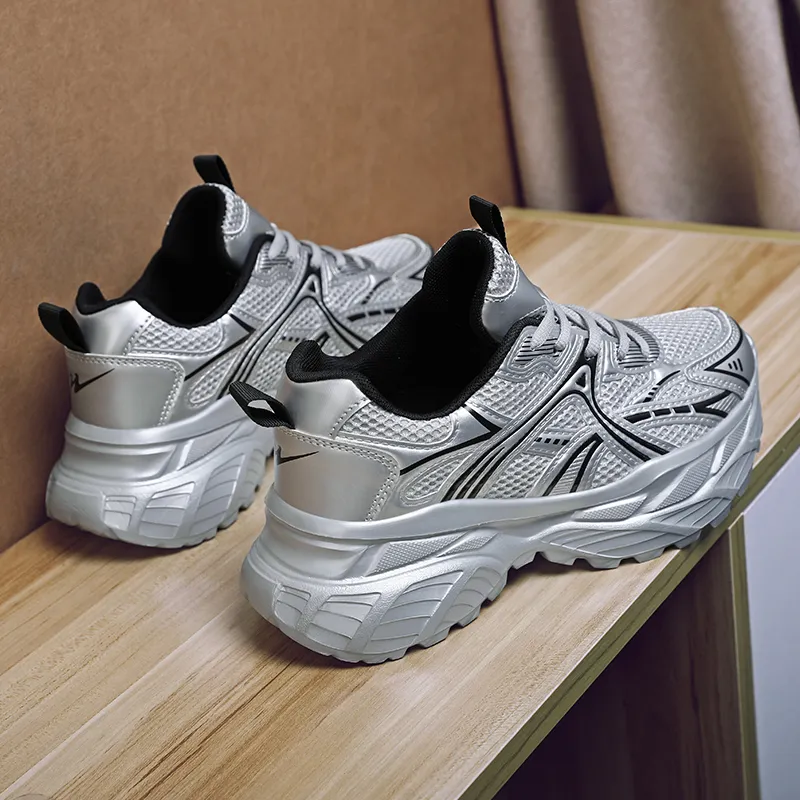 Binary Height Increasing Abrasion Resistant Breathable Low Top Chunky Sneakers Women's Silver-4