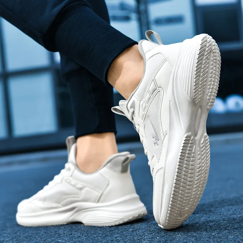 Binary Cushioning Rebound Lightweight Breathable Slip Resistant Low Top Running Shoes Men's White Gray-5