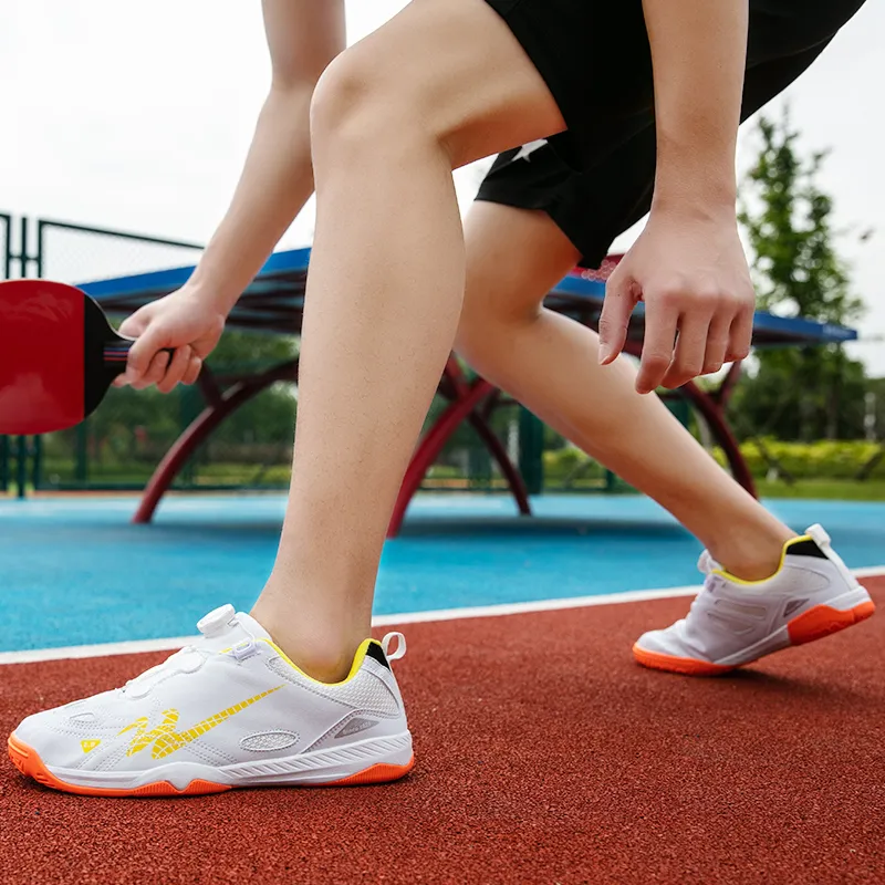 Binary Cushioning Abrasion Resistant Lightweight Slip Resistant Low Top Badminton Shoes Unisex White Yellow-10