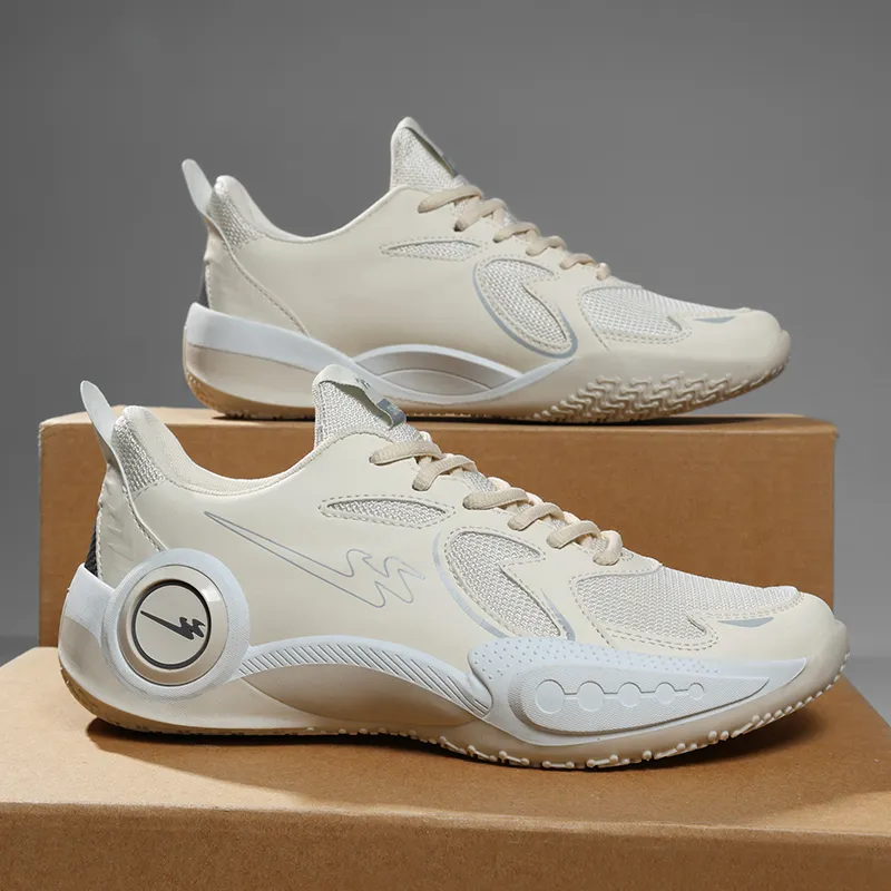 Binary Cushioning Abrasion Resistant Breathable Slip Resistant Low Top Basketball Shoes Unisex Beige-4