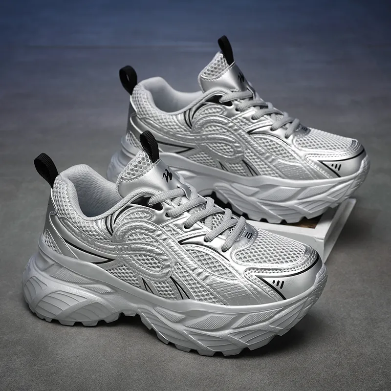 Binary Abrasion Resistant Breathable Height Increasing Low Top Chunky Sneakers Women's Silver-3