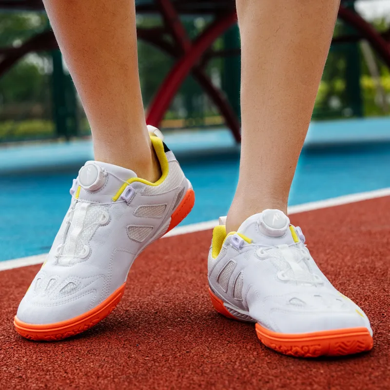 Binary Cushioning Abrasion Resistant Lightweight Slip Resistant Low Top Badminton Shoes Unisex White Yellow-8