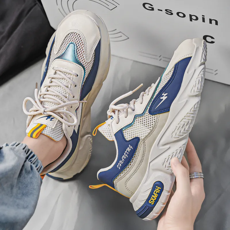 Binary Low Top Chunky Sneakers Men's Beige Blue-6