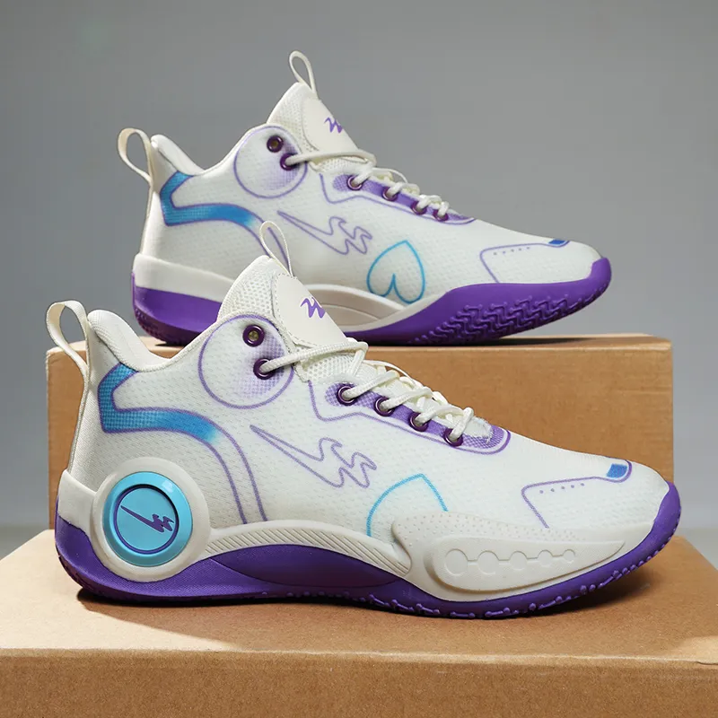 Binary Cushioning Abrasion Resistant Breathable Slip Resistant Mid Top Basketball Shoes Unisex Beige Purple-4