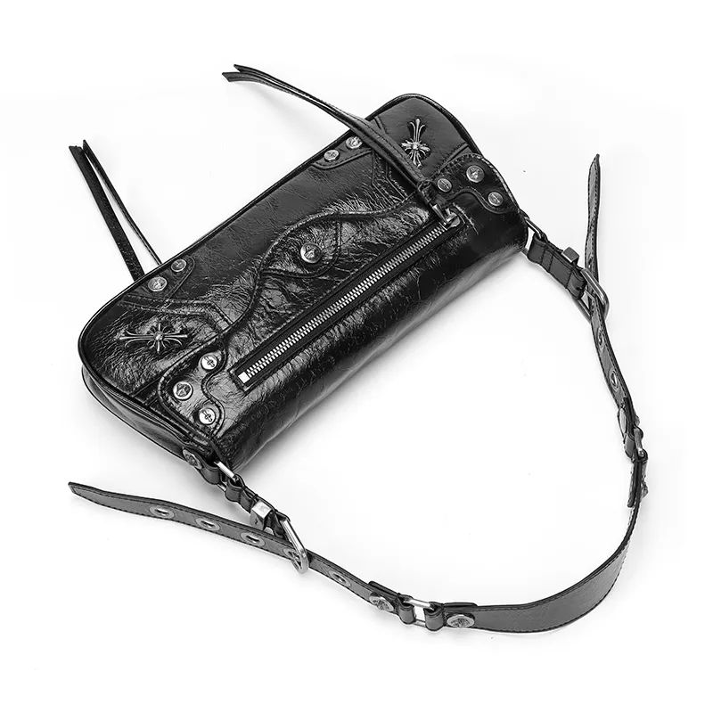 Ed Hardy Classic Series Cow Leather Shoulder Bag, Crossbody Bag Biker Bag Medium Size Women's Black-6