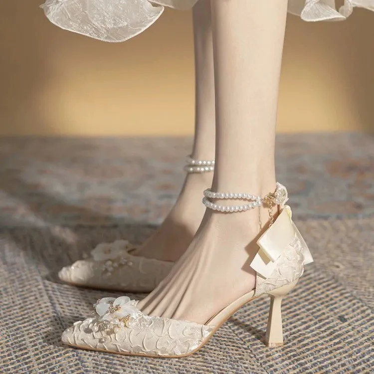 WUJI Slim Heel High Heels 6cm Women's Beige-2